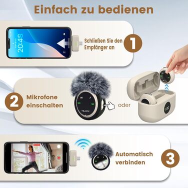 Мікрофон 2-в-1 для iPhone та Android з шумозаглушенням, кейс на 40 годин, магнітна застібка та кріплення для інтерв'ю, 25 метрів (Бежевий)