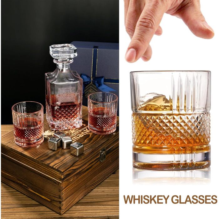 Набір для віскі: декантер, обертові склянки, сталеві кубики, пінцет, дерев'яна коробка для подарунка. Ідеальний подарунок татові та на пенсію