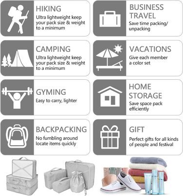 Органайзери для валіз: 8 комплектів, 7 кольорів. Організатори для подорожей, мішки для взуття, компресійні мішки. Сірий колір.