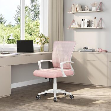 Офісне крісло Yaheetech ергономічне, з сітчастою спинкою, з підлокітниками, для офісу, комп'ютерне крісло, витримує до 136 кг, дихаюче, з функцією гойдання (Рожеве, фіксовані підлокітники)