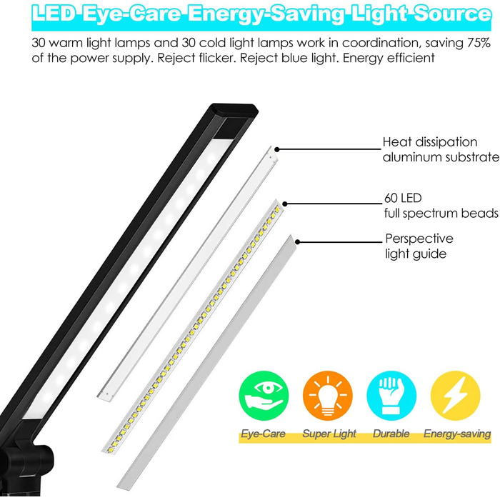 Настільна LED лампа BIENSER 20W з бездротовою зарядкою та USB-портом, 10 рівнів яскравості, 5 режимів світла, таймером та функцією пам'яті, чорна