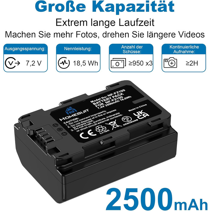 Акумулятор NP-FZ100 Homesuit 2280mAh та подвійний зарядний пристрій для камер Sony ZV-E1, FX3, FX30, A7RIII, A7RV, A7RIV, A7SIII, A7III, A7IV, A7C, A7CII, A6600, A6700, Alpha A1, A9, A9II, A9III, 9R, A9R, 9S (2 шт.) + LED зарядний пристрій (3 шт. акумулят
