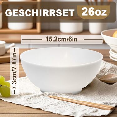 36-ти елементний набір посуду – міцний, легкий, з 26 oz мисками, десертними та обідніми тарілками, придатний для миття в посудомийній машині, багаторазовий, подарунок для дому, для щоденного використання, білий (6-дюймові миски, 6 наборів)