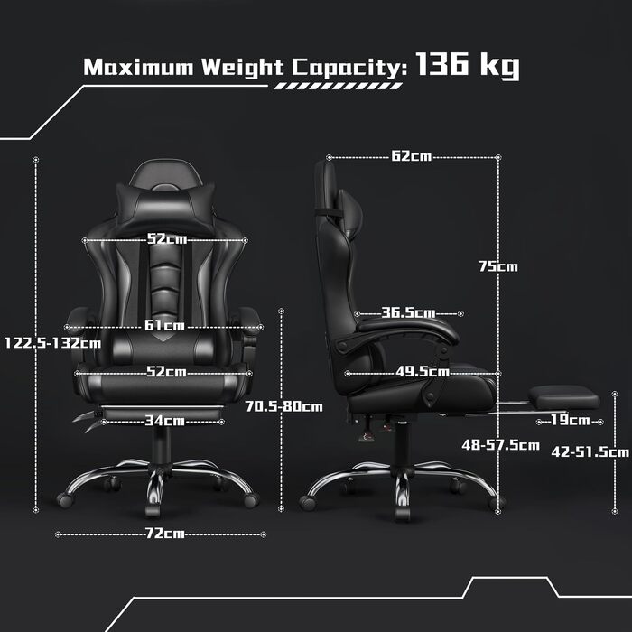 Ігрове крісло Yaheetech Ergonomic Gaming Chair з функцією масажу, підставкою для ніг та регулюванням спинки 90-135°, офісне крісло для геймерів та дому, чорне