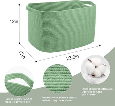 MEGASKET Великий прямокутний плетений кошик із мотузки 59,9x43,2x30,5 см, для зберігання ковдр у вітальні, рушників, іграшок, білизни, дитячий кошик для підлоги, зелений