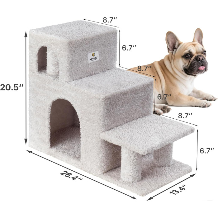 Сходинки для собак Veehoo: 3 сходинки, ліжко, печеринка, для маленьких собак та котів, сірий, 67x34x52 см, до 45 кг