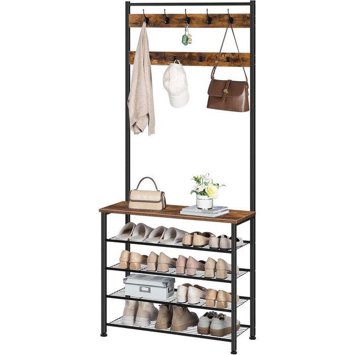 HOOBRO Coat Rack, Shoe Rack with Coat Rack, Clothes Rack with Shoe Storage, Shoe Cabinet with 5 Tiers, for Entryway, Dark Brown EBF80MT01G2