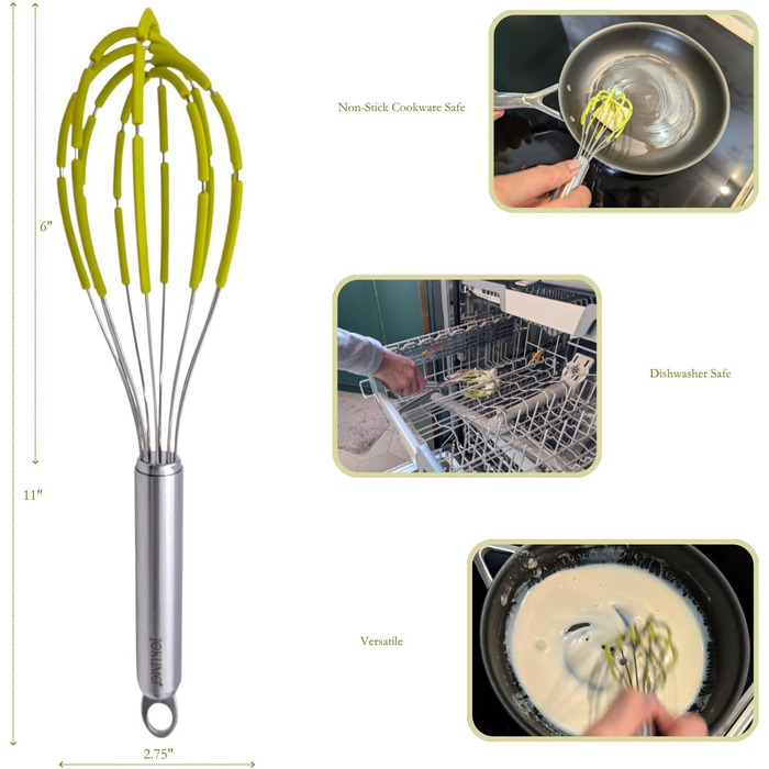 Силіконовий вінчик для збивання з лопатками, нержавіюча сталь 18/10, з антипригарним покриттям, безпечний для сковороди, ергономічна ручка, ідеальний для змішування, збивання та перемішування, 27,9 см (зелений)