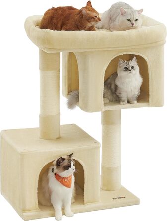 Feandrea Cat Tree, 84 cm Cat Tree, L, Cat House for Large Cats up to 7 kg, Large Platform, 2 Cat Caves, Sisal Posts, PCT61W (XL (68 x 48 x 101 cm), Beige)