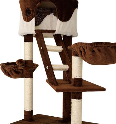 Котячий будиночок Lionto XXL з сизалю та плюшу: багатоярусний комплекс для котів з гамаком, тунелем та іграшками (колір: коричневий/бежевий, 230-250 см)