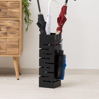 Підставка для парасольки Baroni Home з сучасним дизайном, метал, геометрія, з гачками та знімним піддоном, чорний, 15,5x15x49 см