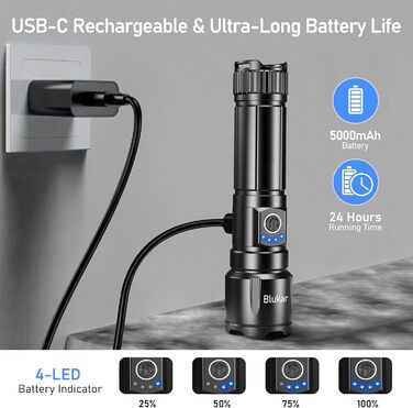 Ліхтар LED Blukar, перезарядний, надпотужний, з регулюванням фокусу, 5 режимів, водонепроникний IP67, для кемпінгу, туризму, риболовлі, надзвичайних ситуацій, чорний