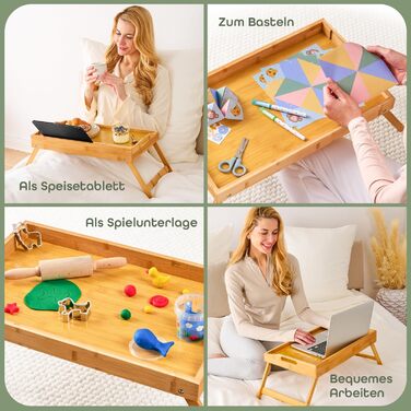 Бамбуковий приліжкові столики Blumtal з ніжками для планшетів/телефонів - столики для сніданку в ліжко - складаний приліжкові столики 50 x 30 x 6 см - сервірувальне піднос з ніжками - стабільний приліжкові столики з натурального дерева