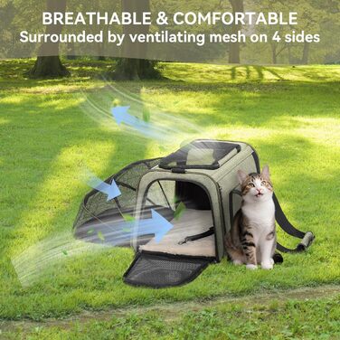 Транспортна сумка для кота Petsfit, схвалена авіаперевізниками, розширювана, зелена, розмір S