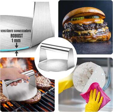 Набір для приготування Smash Burger – 9 предметів: прес для бургерів, сплескач, 2 термокапелюхи, лопатка та шампури – подарунок для чоловіків та любителів гриля (колір: коричневий)