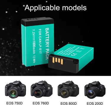 CITYORK 2 шт. акумулятори LP-E17 1800mAh + Dual USB зарядний пристрій для Canon EOS R10, R8, RP, R50, R100, 200D, 77D, 750D, 760D, 800D, 8000D, M3, M5, M6, Rebel SL2, SL3, T6i, T6s, T7i