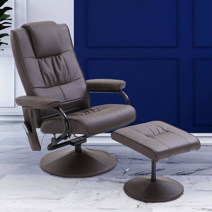 HOMCOM Massage Chair with Ottoman, Swivel Recliner with Massage Function, Electric TV Chair with Reclining Function, Remote Control, Faux Leather, Brown