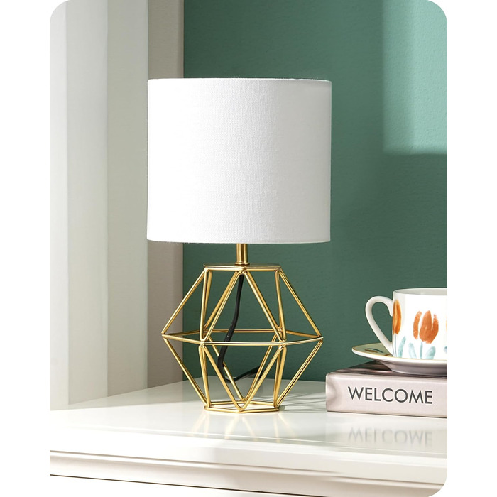 EDISHINE Настільна лампа, сучасний індустріальний дизайн, цоколь E14, вінтажний стиль, для спальні/вітальні, білий/золотий лін, золото
