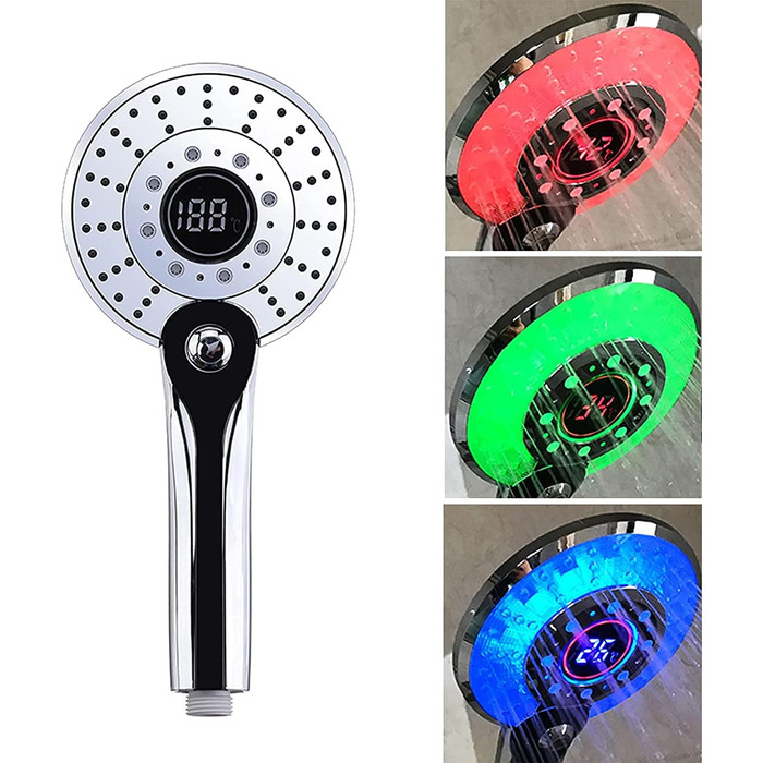 LED Shower Head, Rain Shower with 3 Color Changing Lights, Temperature Control, Handheld Shower with Digital Temperature Display, Large, Water-Saving, Pressure-Boosting Shower Head, Chrome