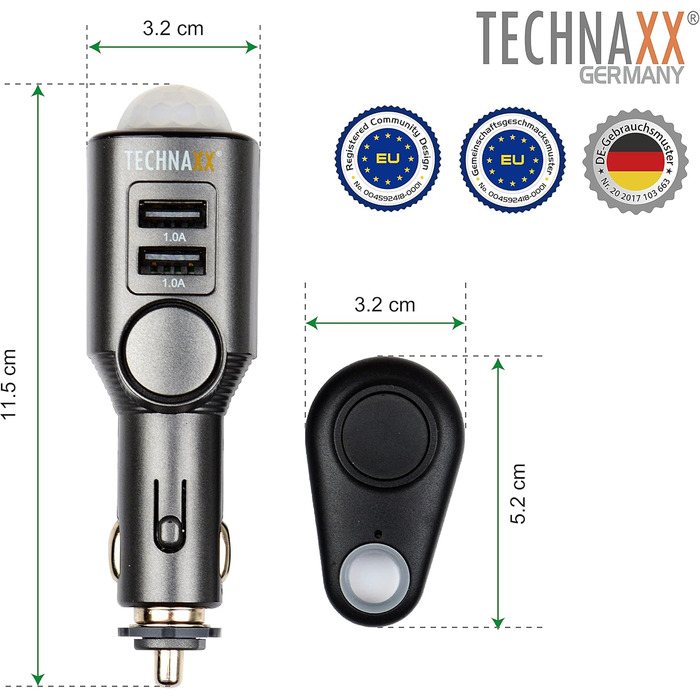 Сигналізація Technaxx TX-100 для авто, будинку, човна з датчиком руху, пультом, автозарядкою, 2x USB, 6 днів роботи, 110 дБ