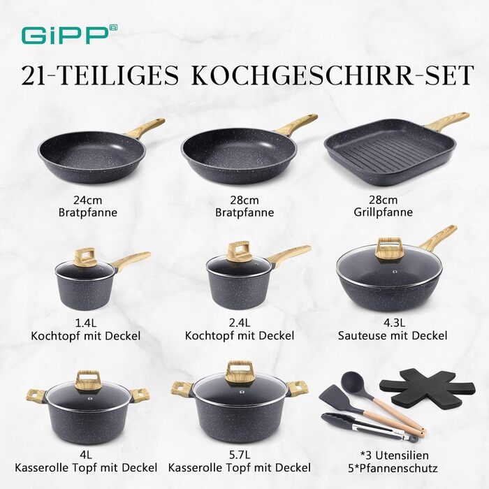 Набір посуду GiPP Keramik Antihaft: 22 частини (сірий) - посуд з керамічним покриттям, без PFAS, PFOA, PTFE, PFOS