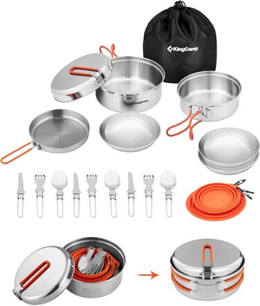 Набір посуду для кемпінгу KingCamp на 2-4 особи: нержавіюча сталь, складане приладдя, ультралегкий набір каструль та сковорідок для кемпінгу