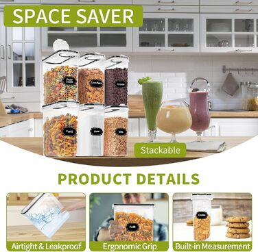 Skroam 4L Storage Containers Set with 4, Cereal Dispenser & Airtight Freshness Containers, BPA-free Plastic Storage Containers, for Grains, Flour, Sugar