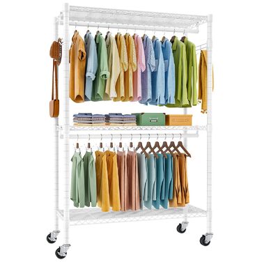 Вішалка для одягу на коліщатках металева з 3 штангами та полицею, біла 120x45x205 см