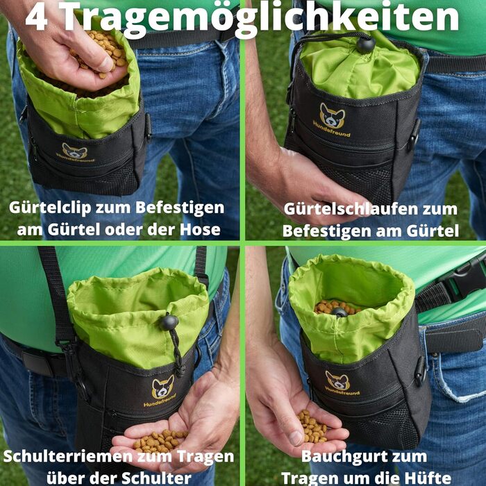 Сумка для корму для собак великих порід, 4 в 1 | Для тренувань, з бананкою, кліпсою, лямками | 4 відділення для ласощів (19x14x7 см)