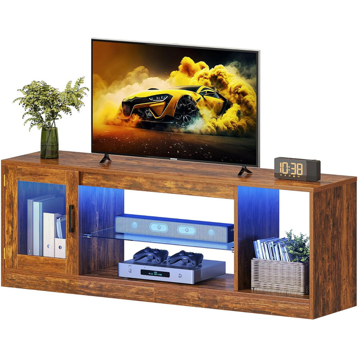YITAHOME ТВ-тумба ретро з дерева, 148×32×51 см, з регульованою скляною полицею, LED RGB підсвіткою 144 см, пультом ДУ, коричнева