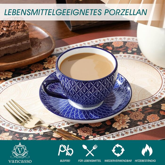 Набір кавових чашок капучіно Vancasso Selene 6 шт., 240 мл, блакитно-білий вінтажний дизайн, високоякісне фарфорове покриття, придатні для миття в посудомийній машині та використання в мікрохвильовій печі