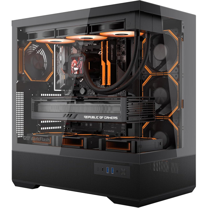 Ігровий корпус darkFlash LAND451 Midi Tower ATX, підтримка BTF-материнських плат, вертикальна установка відеокарти (до RTX 5090), Type-C, підтримка 2x360мм СРО, панорамний дизайн, чорний