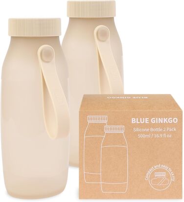 BLUE GINKGO Collapsible Water Bottles [2-Pack] – Lightweight, foldable silicone bottles for travel, hiking, and camping (500ml, Made in Korea, Beige)