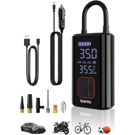 Електричний компресор TANYO 150PSI, портативний акумуляторний насос 12V з манометром і LED, для авто, велосипедів, мотоциклів, м’ячів, чорний