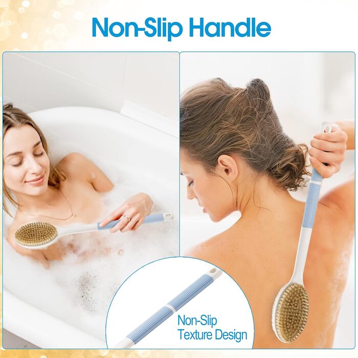 Back Scrubber with Anti-Slip Grip - Long Handle Body Brush for Shower & Bath - Exfoliator with Stiff & Soft Bristles