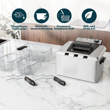 Princess Fritteuse – 3270 Watt, 5 Liter, Thermostat, 3 Fry Baskets, Cold Zone, 6-7 People, 185000, Grey