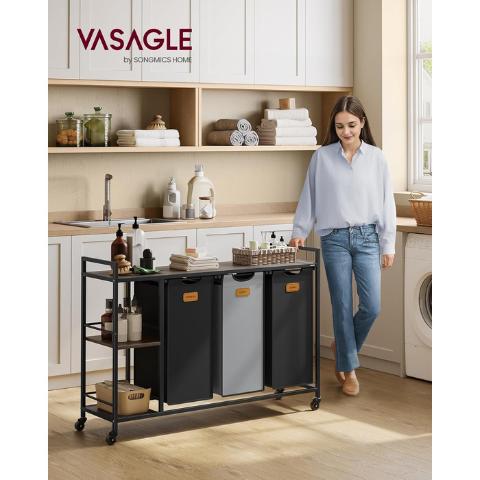VASAGLE Laundry Basket with 3 Compartments, Laundry Collector 150 L, Laundry Sorter, Wheels, Laundry Cart with Shelves, Laundry Bag, with Removable Bags, 6 Labels, Chestnut Brown-Ink Black-Dove Gray BLH312B01