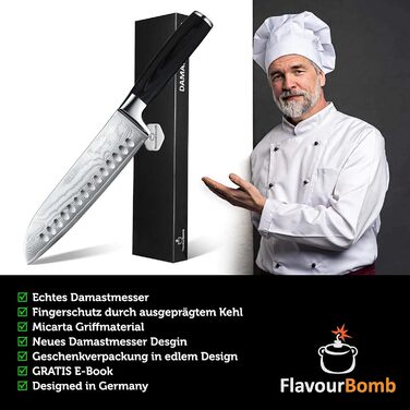 Нож Сантоку з дамаської сталі FlavourBomb | 18 см | Кухонний ніж для професіоналів | Дамаська сталь, ручка Micarta + безкоштовна електронна книга