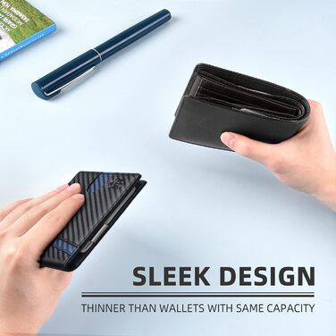 Чоловічий шкіряний гаманець Zitahli Sport-Fan з відділеннями для 10-12 карток, RFID-захистом, кліпсою для грошей та віконцем для посвідчення, тонкий, мінімалістичний, подарунок для чоловіків (карбонове чорний, акцентний синій)