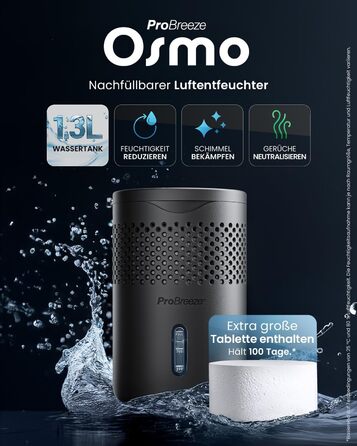 Зволожувач повітря Pro Breeze Osmo – тихий, з можливістю поповнення – для дому, спальні, шафи, авто – міні-зволожувач без живлення – таблетка 700g (до 100 днів) чорний