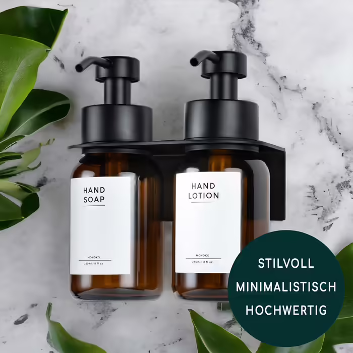 MONOKO | Glass Soap Dispenser Wall Mount No Drilling | Dish Soap Holder Wall Bracket Kitchen | Brown Self-Adhesive Soap Dispenser | 250ml with Stainless Steel Pump Dispenser