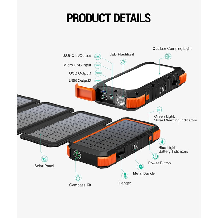 Powerbank BLAVOR 20000mAh з сонячною панеллю, USB-C PD 18W, для зарядки телефону та планшета, Orange