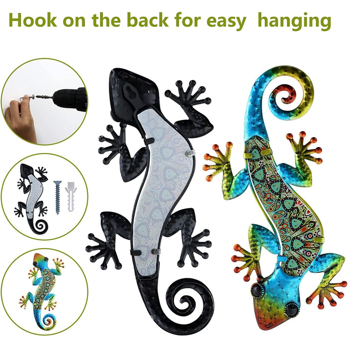 HONGLAND Metal Gecko Wall Decoration, Lizard, Garden Art, Colorful Glass Sculpture for Hanging, for Indoor and Outdoor Use, Patio, Fence (Symphony), 2 Pieces