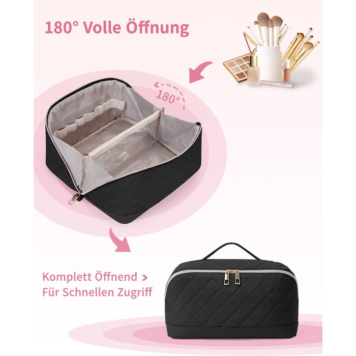 Чорна косметичка для подорожей Wandering Nature з відділенням для пензлів, велика, водонепроникна, з перегородкою та ручкою (патендована)