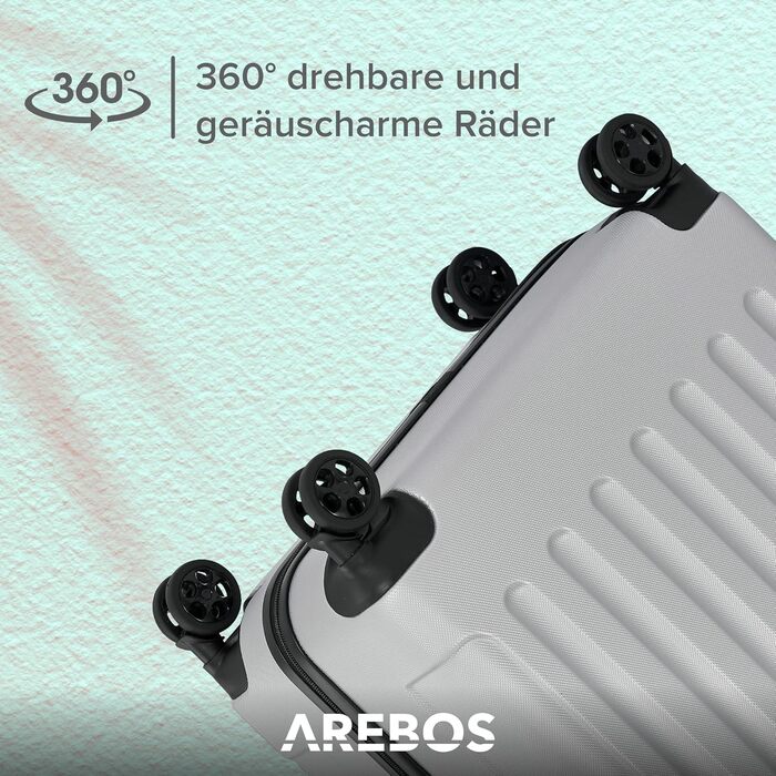 Набір валіз Arebos 4шт з ABS-пластику | Чотири валізи S-M-L-XL | Валіза-троль | З телескопічною ручкою та замком-блискавкою | 360° колеса | Сріблястий колір