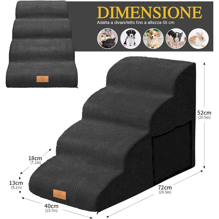 Masthome Dog Stairs for Small Dogs, 4 Steps Pet Stairs with Washable Cover, 52cm High Cat Stairs from Sponge for High Beds, Dog Ramp Ladder, Detachable, Black