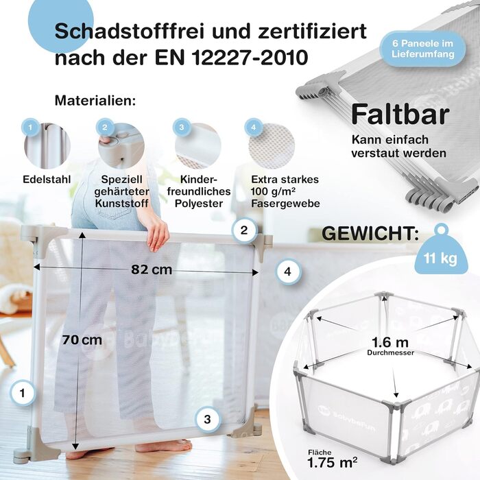 BabybeFun Playpen - Folding [Extra Stable] Baby Gate Playpen, Fire Guard/Child Safety Gate for Cooking, Cleaning, and Relaxing, 6-Piece Set (Base)