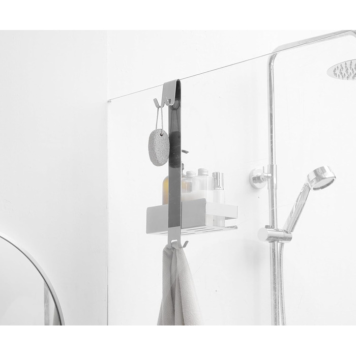 Kelelife Shower Shelf for Hanging, Shower Shelf No Drilling, Stainless Steel Shower Shelf with Hooks for Frameless Glass Door, Shampoo Holder for Shower (Silver)