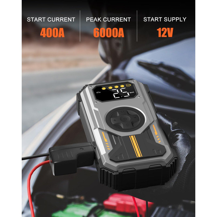 Powerbank Eigotrav Starthilfe: пусковий пристрій для авто 6000A, 12V, 150 PSI компресор, LED, LCD, сріблястий (до 7.5L бензин, 6L дизель)
