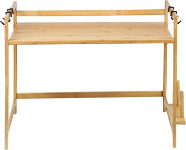 Поличка для мікрохвильової печі 3-рівнева, органайзер з гачками, розширювана, висувна (40-64см), з вуглецевої сталі (2 яруси, бамбук, 55x35x42см)